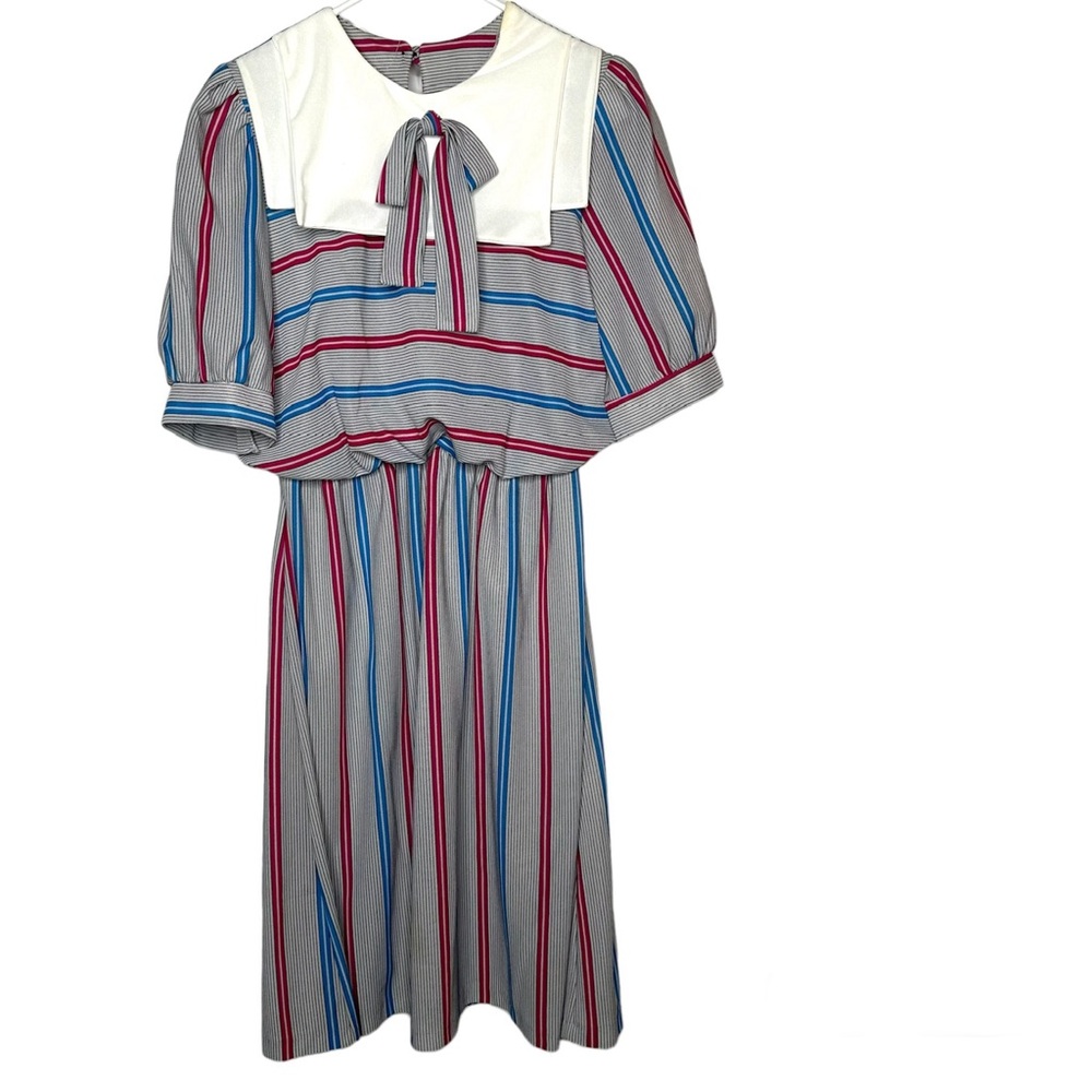 Vintage 80s, Striped Midi Dress, Sailor Collar, Gathered Waist,  Size MEDIUM